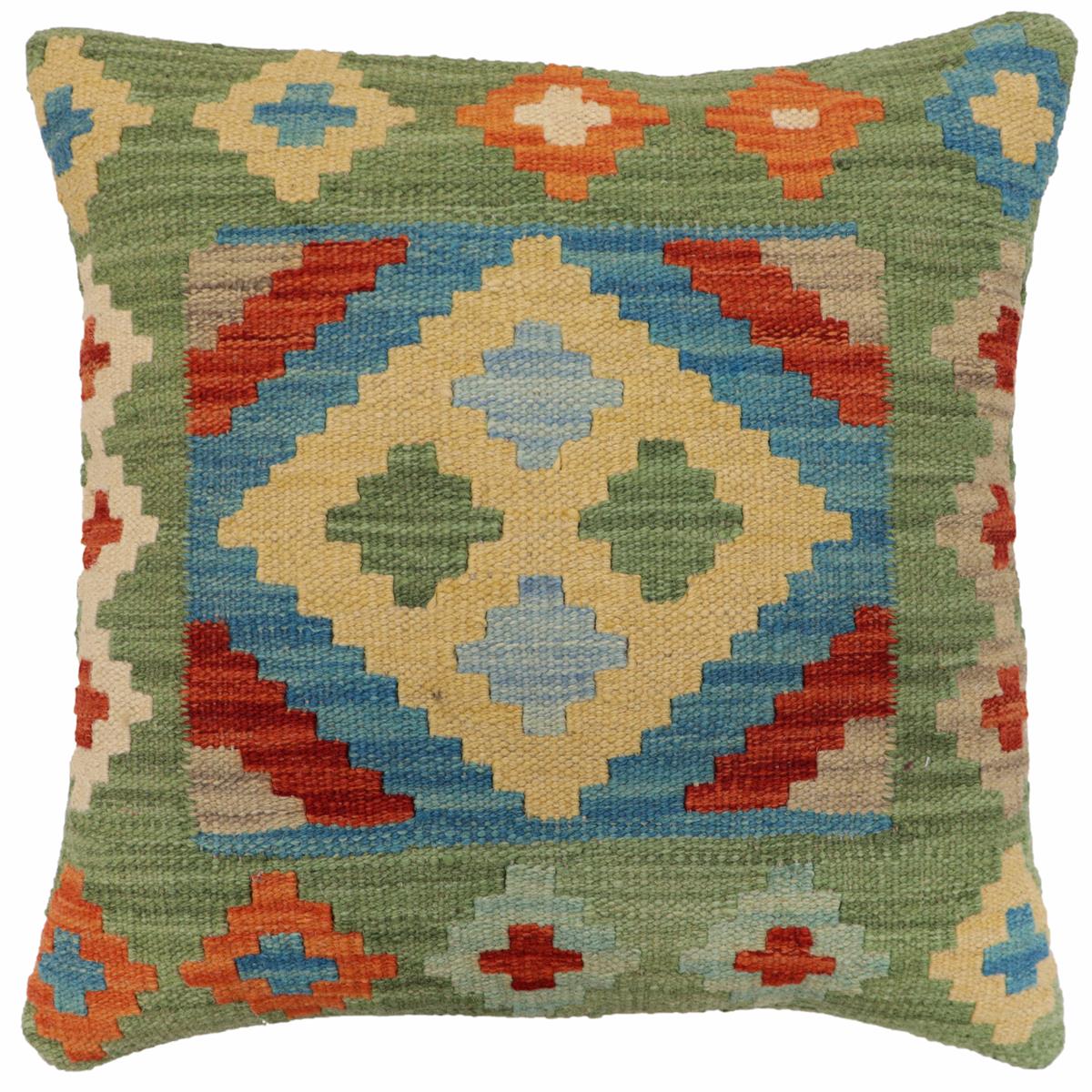18x18 hand woven kilim throw pillow in green, rust and blue - Tribal Kelley
