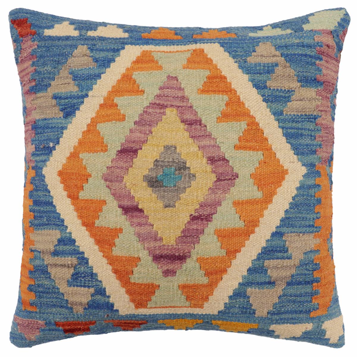 18x18 hand woven kilim throw pillow in blue, orange and beige - Boho Chic Reynolds