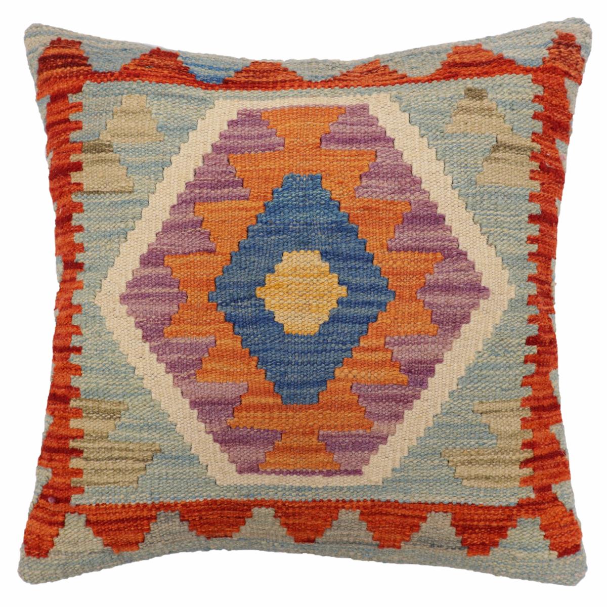 18x18 hand woven kilim throw pillow in blue, rust and beige - Rustic Yoder