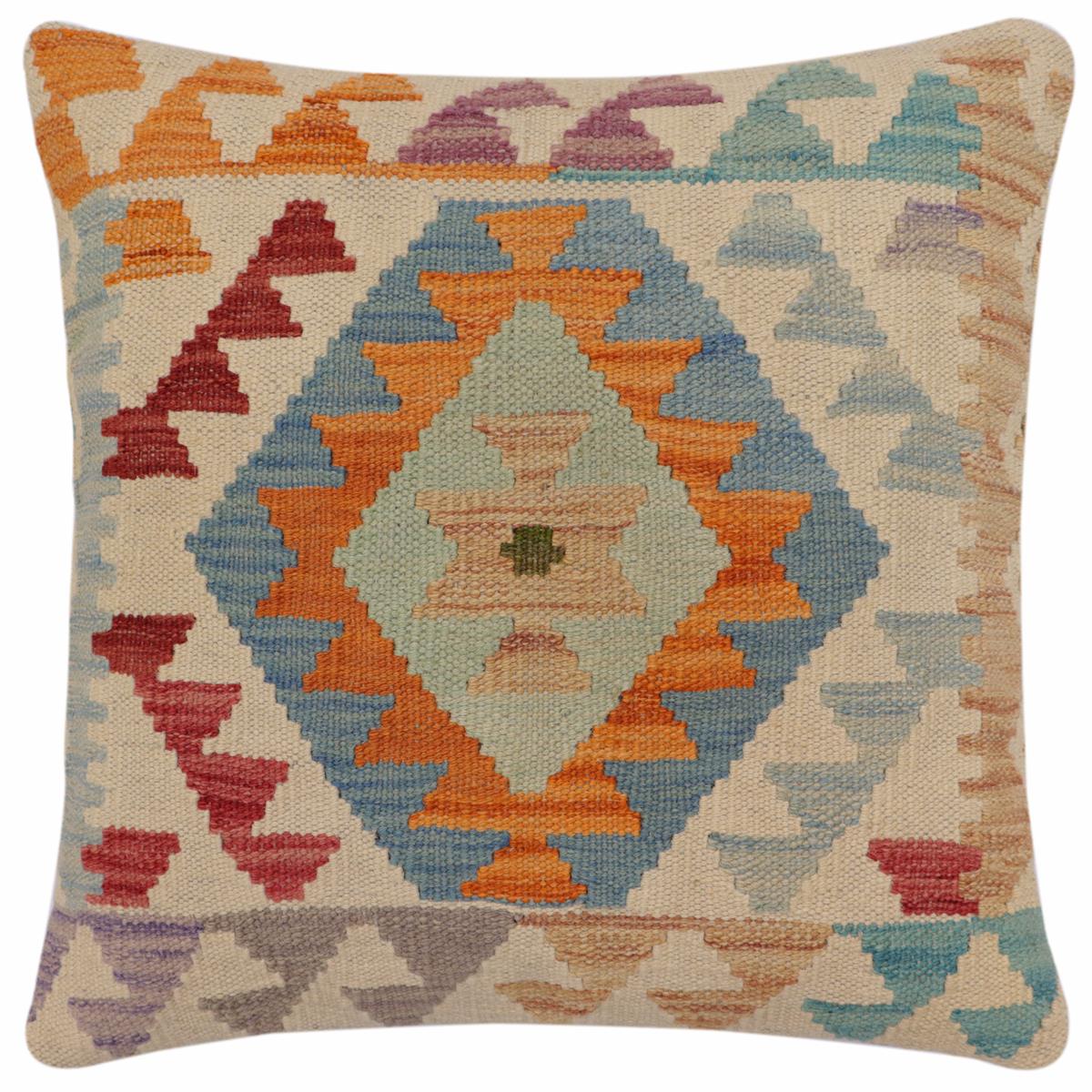 18x18 hand woven kilim throw pillow in beige, blue and red - Bohemian Elliott