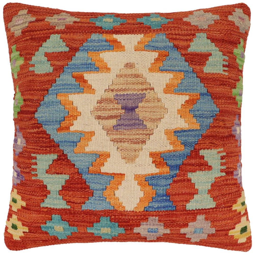 handmade Traditional Pillow Rust Blue Hand-Woven SQUARE 100% WOOL Hand woven turkish pillow PILLOW