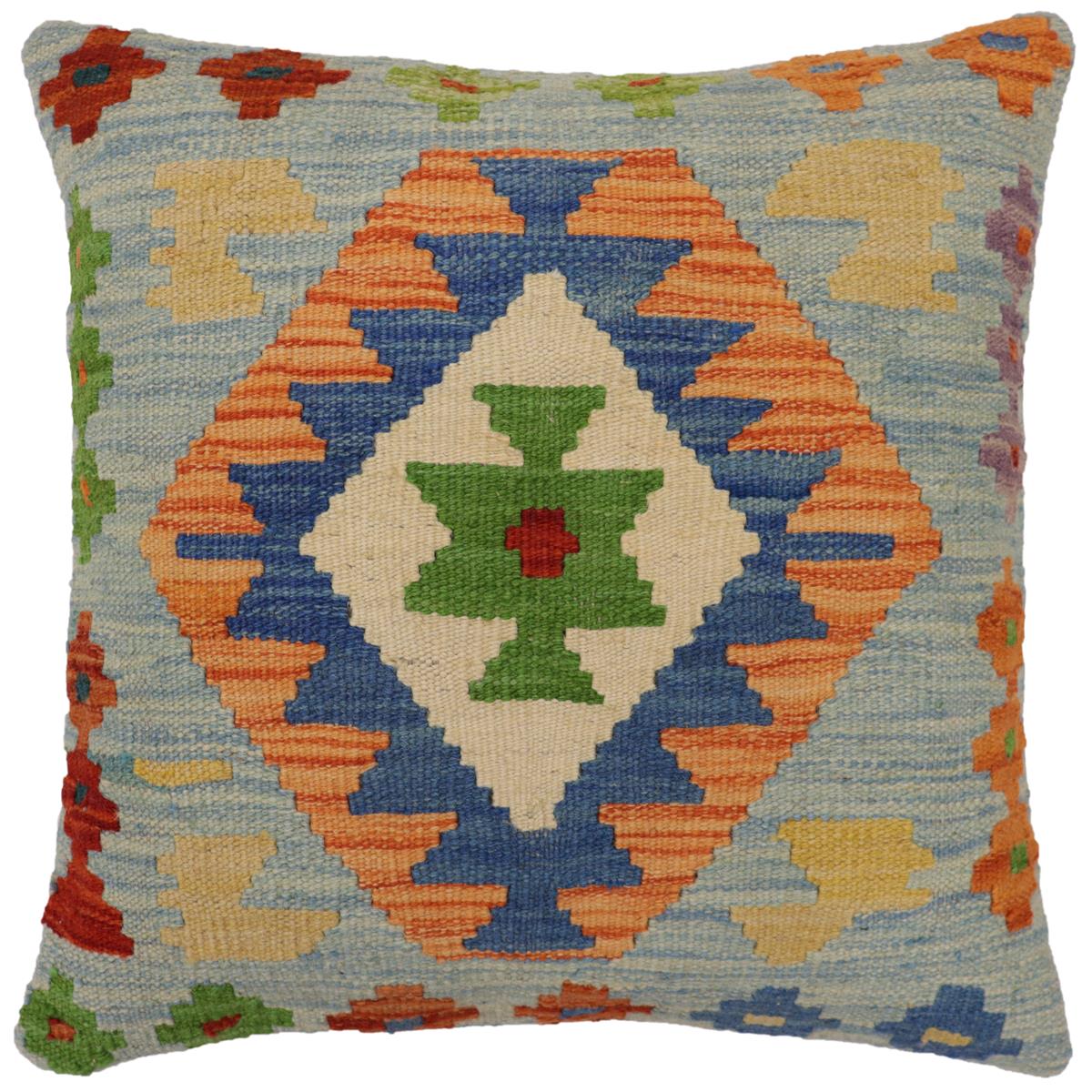 18x18 hand woven kilim throw pillow in blue, rust and beige - Boho Chic Rasmusse