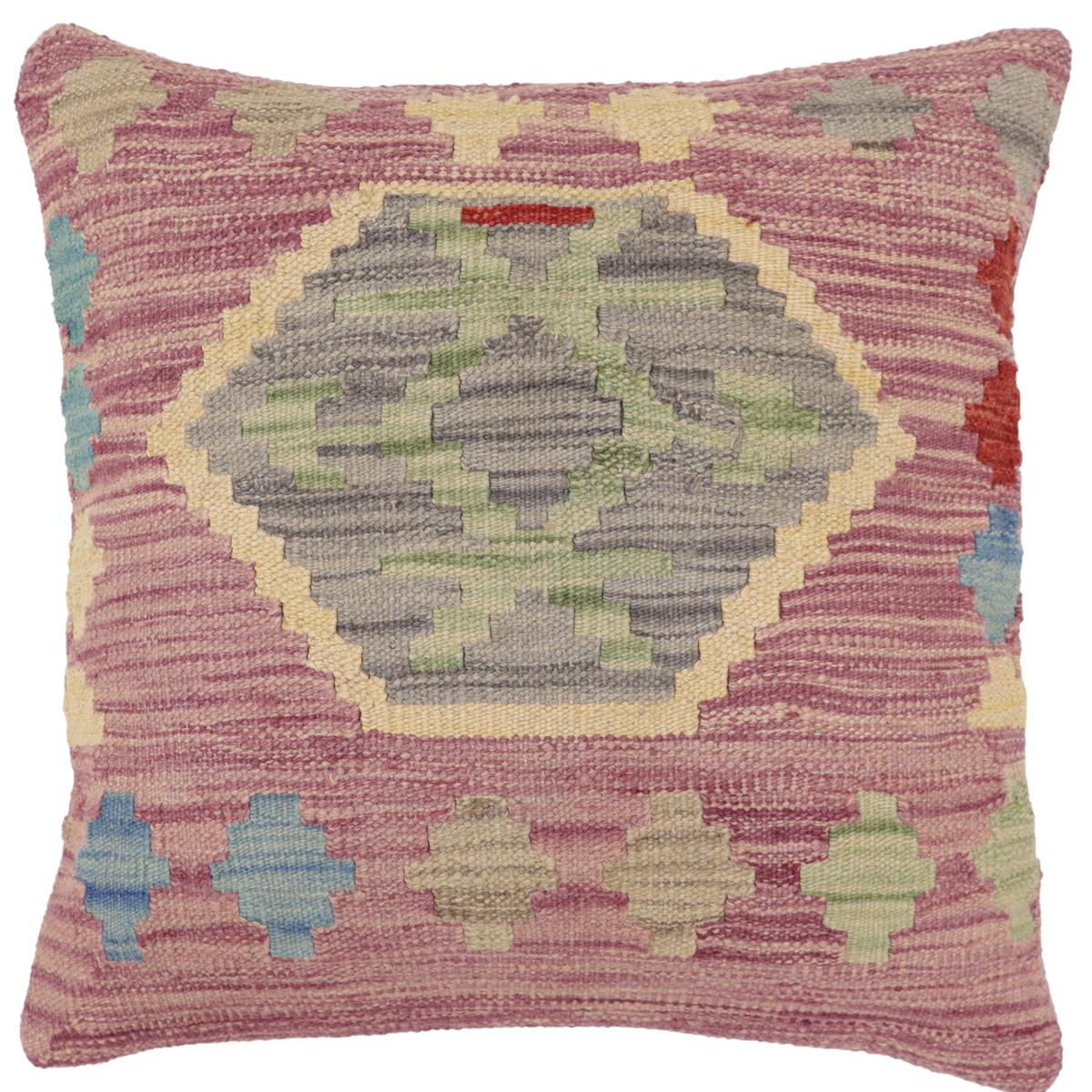 18x18 hand woven kilim throw pillow in purple, gray and blue - Boho Chic Shields