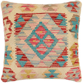 handmade Traditional Pillow Beige Blue Hand-Woven SQUARE 100% WOOL Hand woven turkish pillow2 x 2