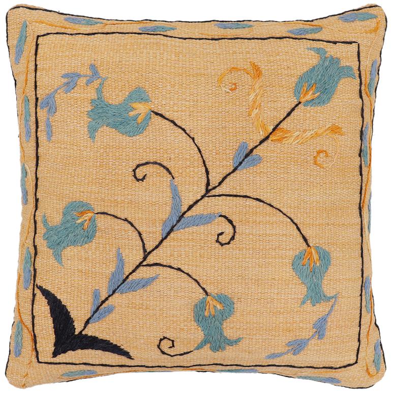 handmade Traditional Pillow Orange Blue Hand-Woven SQUARE 100% WOOL Handmade pillow