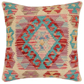 handmade Traditional Pillow Beige Blue Hand-Woven SQUARE 100% WOOL Hand woven turkish pillow2 x 2