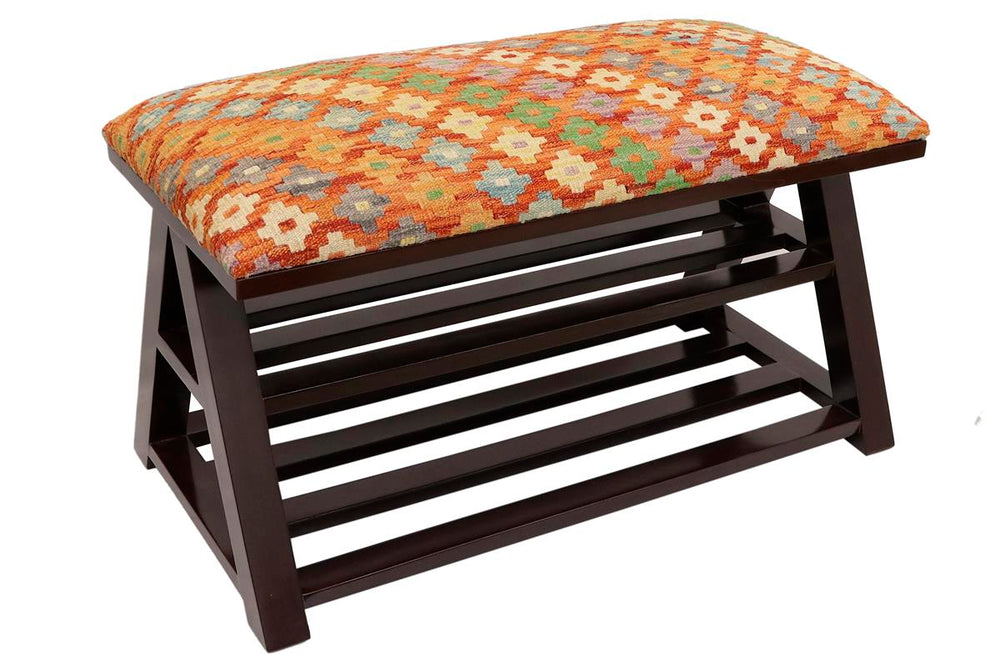 handmade Traditional Shoe Rack Rust Blue Hand-made RECTANGLE Vegetable dyed wool and wood 36 x 17 x 22