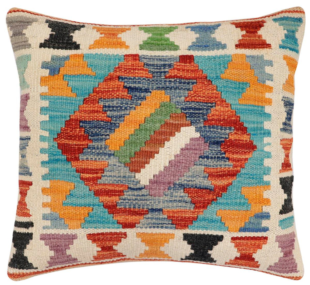 handmade Traditional Pillow Rust Blue Hand-Woven SQUARE 100% WOOL Hand woven turkish pillow 3 x 5