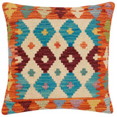 handmade Traditional Pillow Rust Blue Hand-Woven SQUARE 100% WOOL Hand woven turkish pillow2 x 2