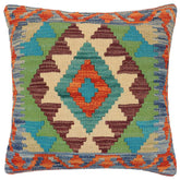 handmade Traditional Pillow Rust Blue Hand-Woven SQUARE 100% WOOL Hand woven turkish pillow2 x 2