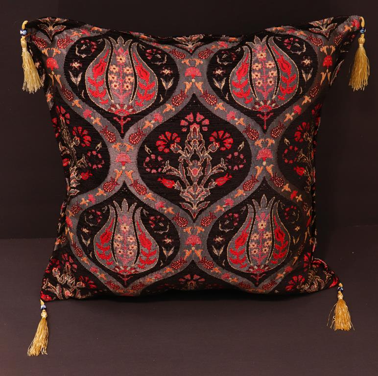 Turkish chenille jacquard throw pillow with tulip ogee design in black with gold tassels - Arum Lilac