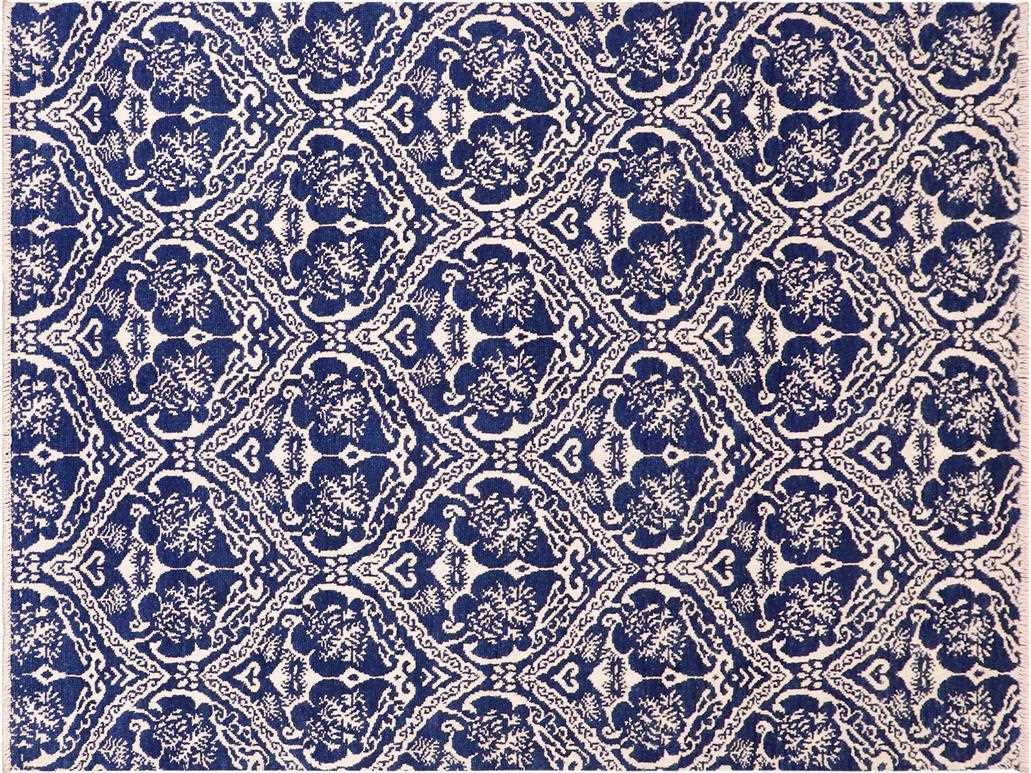 handmade Modern Nabila Blue Ivory Hand Knotted RECTANGLE WOOL&SILK area rug 6x9