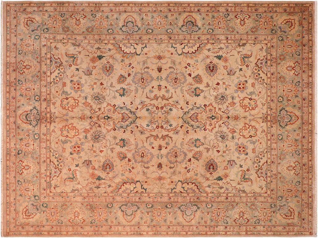 handmade Traditional Lahore Tan Green Hand Knotted RECTANGLE 100% WOOL area rug 8x10