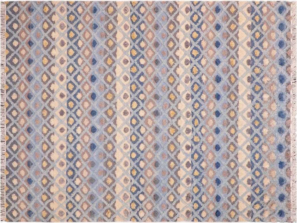 handmade Modern Moroccan Hi Blue Beige Hand Knotted RECTANGLE 100% WOOL area rug 6x9