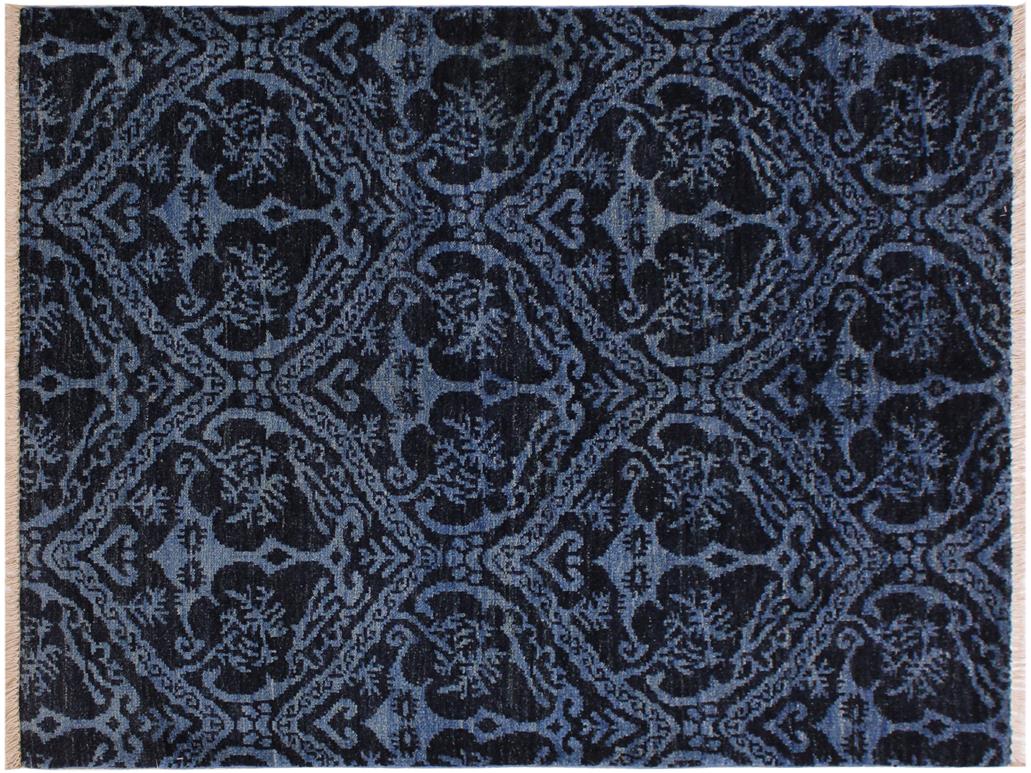 handmade Modern Nabila Blue Lt. Green Hand Knotted RECTANGLE WOOL&SILK area rug 4x6