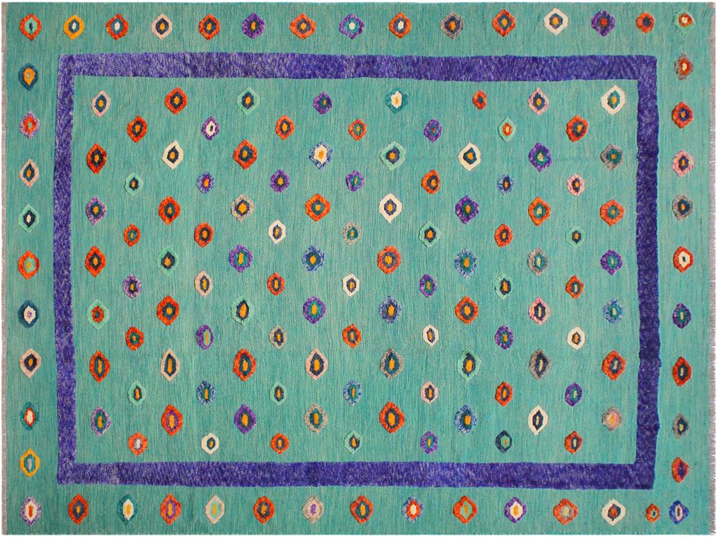 handmade Modern Moroccan Hi Green Blue Hand-Woven RECTANGLE 100% WOOL area rug 10x13