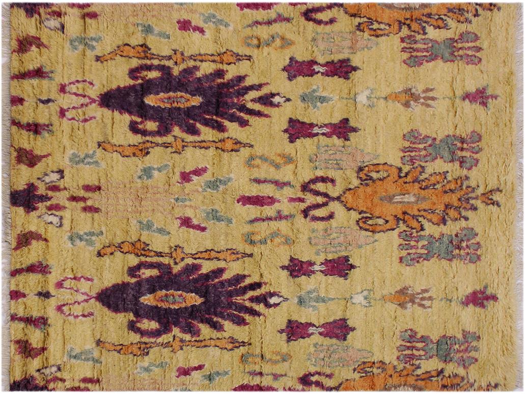 handmade Modern Moroccan Lt. Gold Purple Hand Knotted RECTANGLE 100% WOOL area rug 5x8