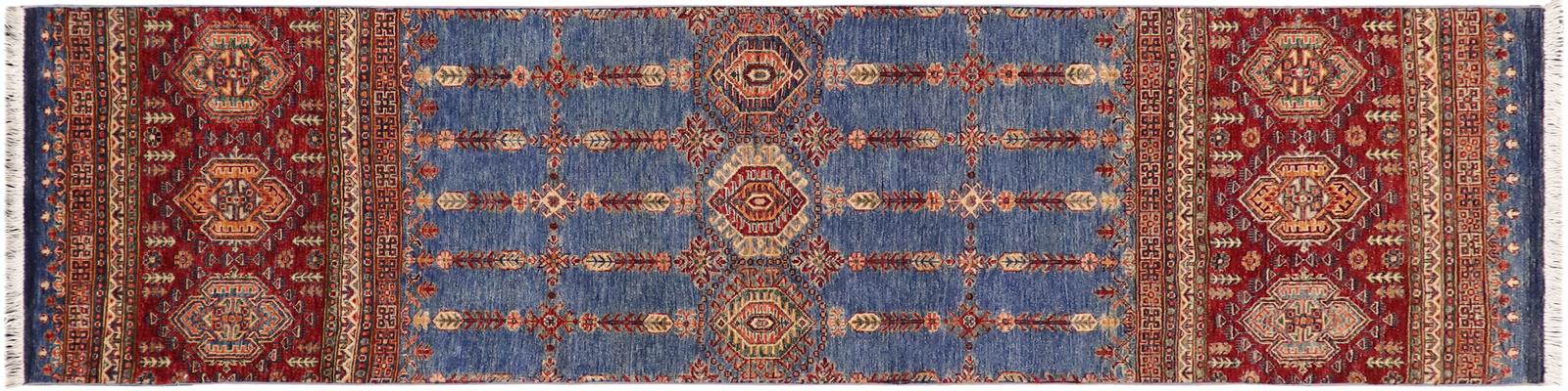 handmade Geometric Khurgeen Blue Red Hand Knotted RUNNER 100% WOOL area rug 3x9