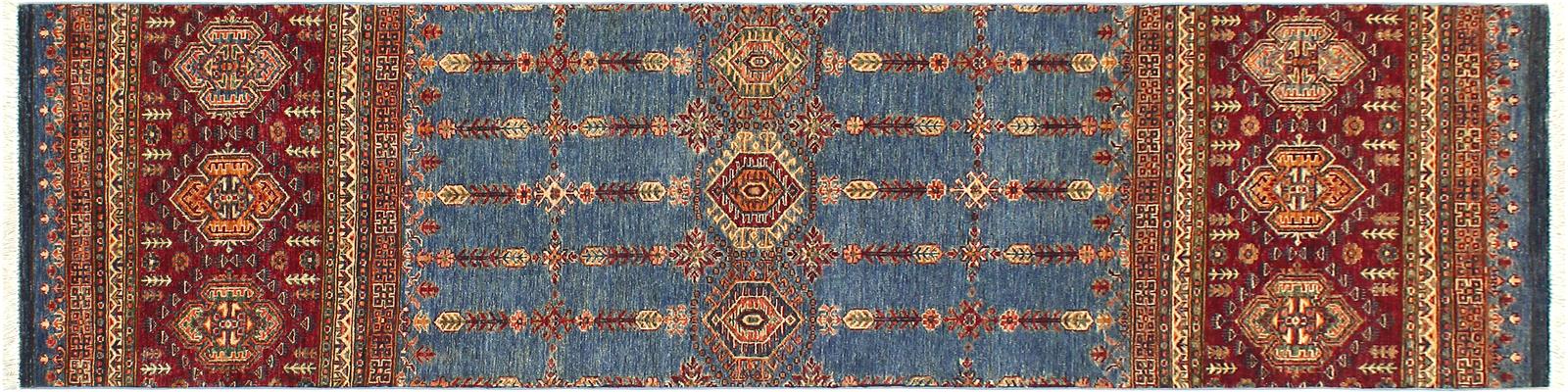 handmade Geometric Khurgeen Blue Red Hand Knotted RUNNER 100% WOOL area rug 3x9