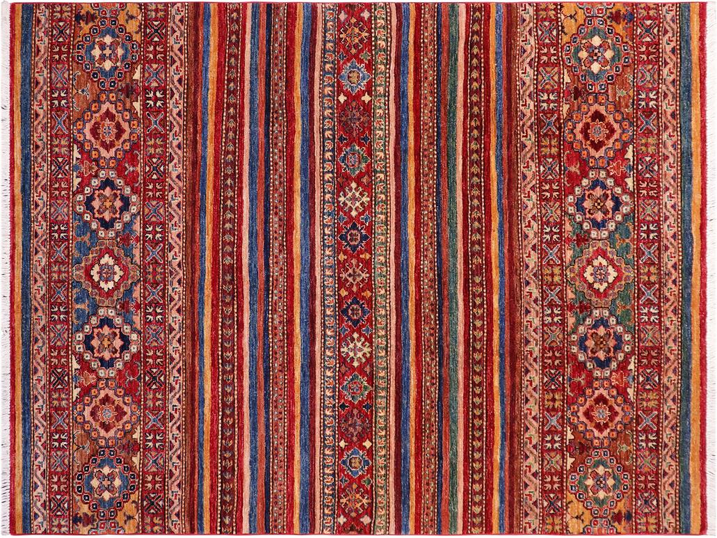 handmade Geometric Khorgeen Red Blue Hand Knotted RECTANGLE 100% WOOL area rug 5x6