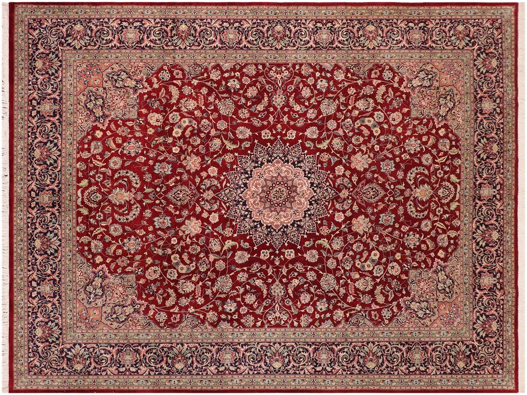 handmade Traditional Isphan Red Blue Hand Knotted RECTANGLE WOOL&SILK area rug 10x14