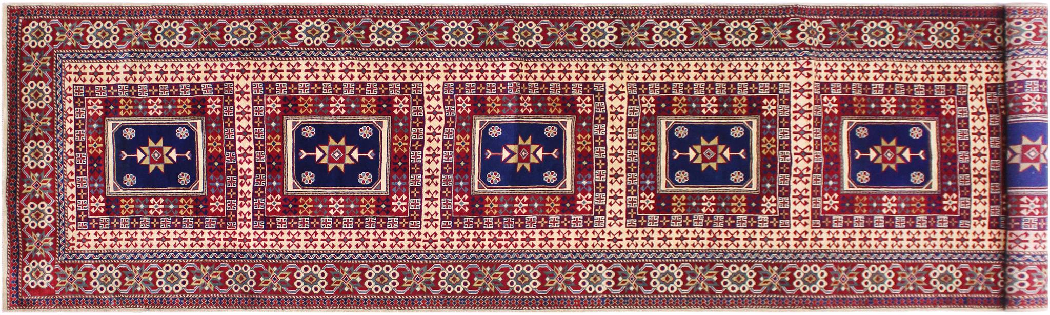 handmade Geometric Sherwan Red Blue Hand Knotted RUNNER 100% WOOL area rug 3x11