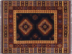 handmade Geometric Kargahi Blue Gold Hand Knotted RECTANGLE 100% WOOL area rug 6x10