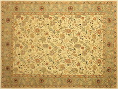 handmade Traditional Lahore Ivory Lt. Green Hand Knotted RECTANGLE 100% WOOL area rug 9x12