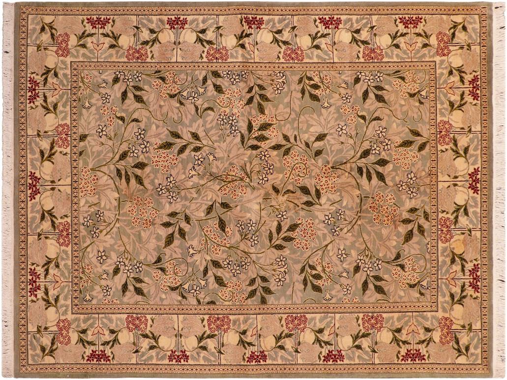 handmade Transitional Chambali Green Beige Hand Knotted RECTANGLE 100% WOOL area rug 6x9