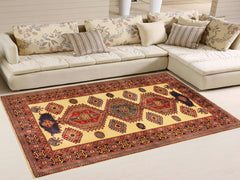 handmade Geometric Sherwan Gold Blue Hand Knotted RECTANGLE 100% WOOL area rug 5x6