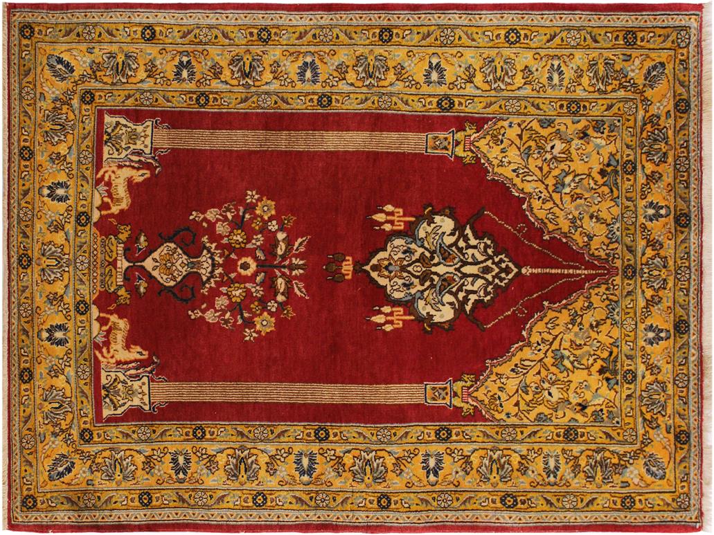 handmade Geometric Kargahi Red Gold Hand Knotted RECTANGLE 100% WOOL area rug 4x5