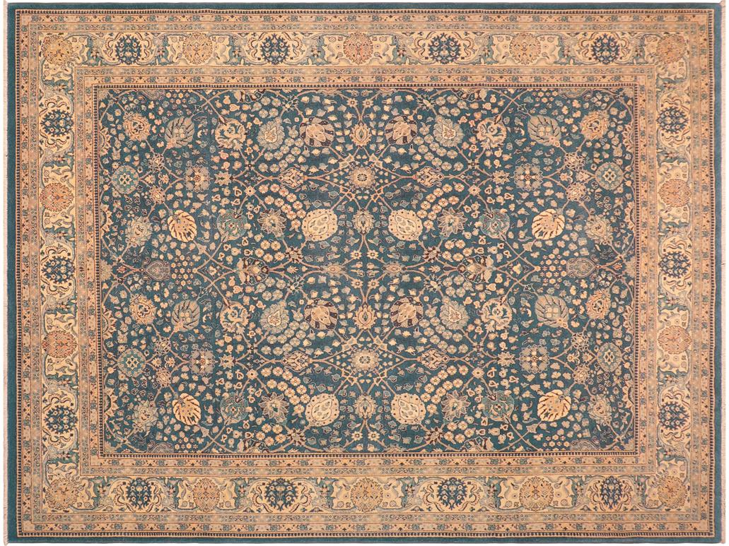 handmade Traditional  Blue Beige Hand Knotted RECTANGLE 100% WOOL area rug 8x10