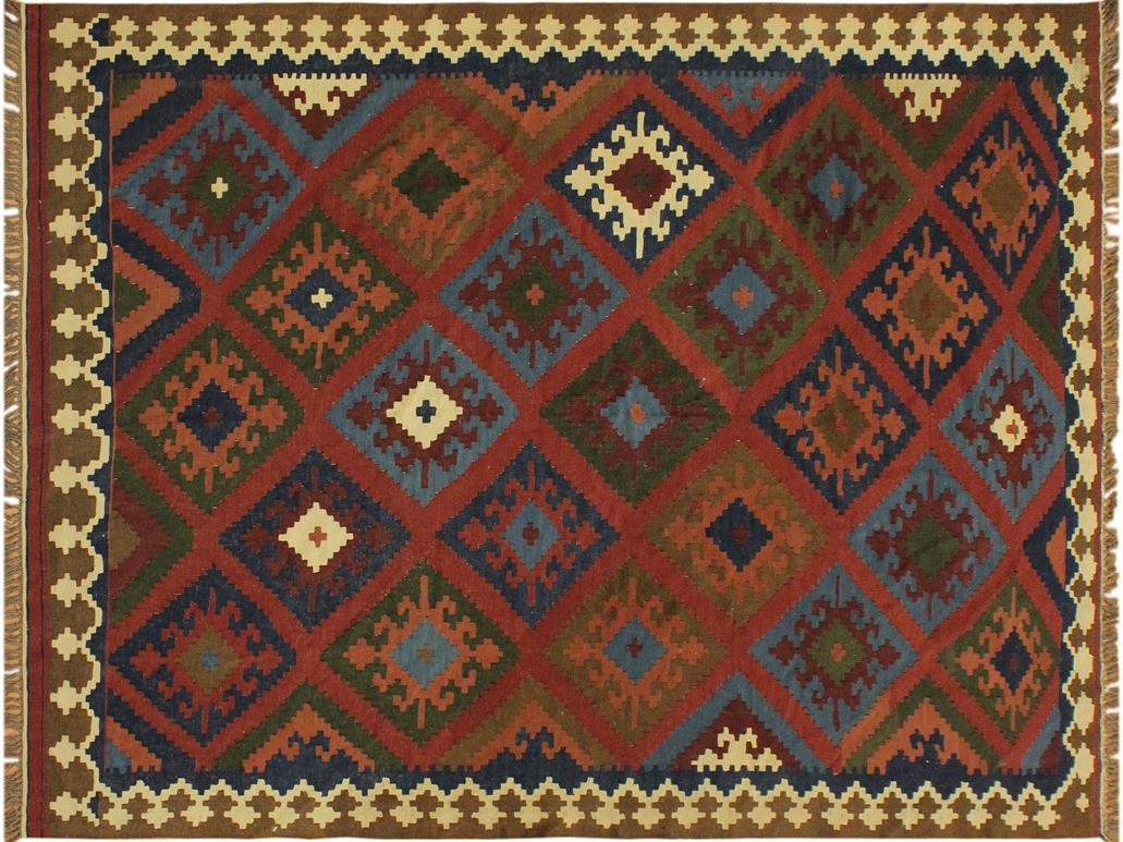 handmade Geometric Kilim Rust Blue Hand-Woven RECTANGLE 100% WOOL area rug 7x10