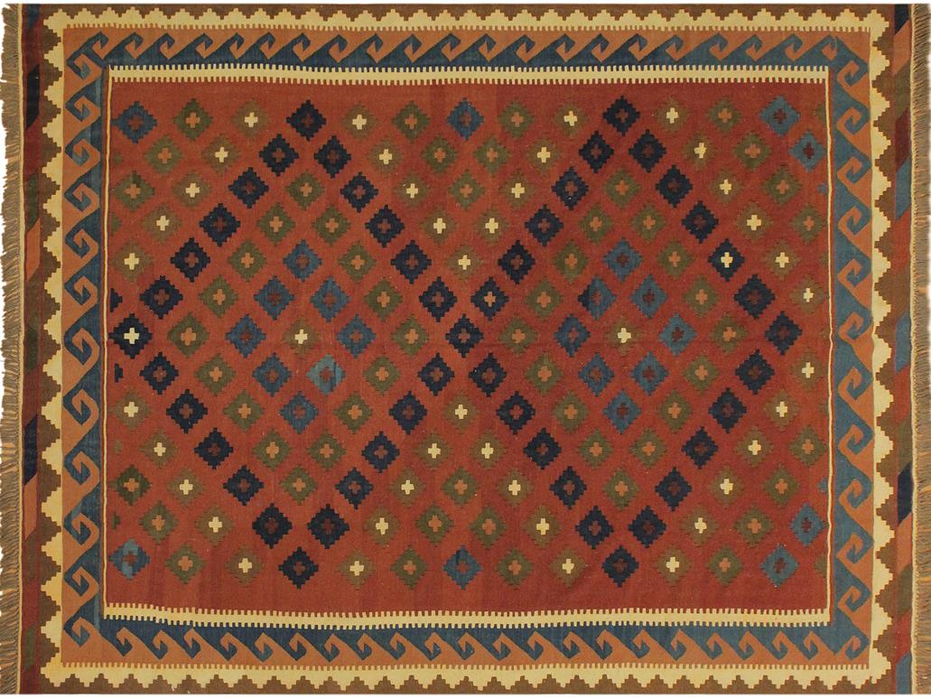 handmade Geometric Kilim Rust Blue Hand-Woven RECTANGLE 100% WOOL area rug 7x10