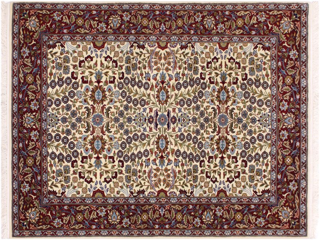 handmade Hereke Ivory Red Hand Knotted RECTANGLE WOOL&SILK area rug 4x6