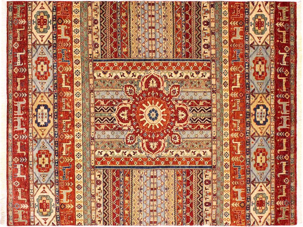 handmade Geometric Khorgeen Rust Blue Hand Knotted RECTANGLE 100% WOOL area rug 6x8