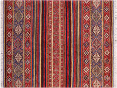 handmade Geometric Khorgeen Red Blue Hand Knotted RECTANGLE 100% WOOL area rug 6x8