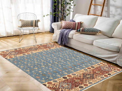 handmade Geometric Khorgeen Blue Beige Hand Knotted RECTANGLE 100% WOOL area rug 5x8