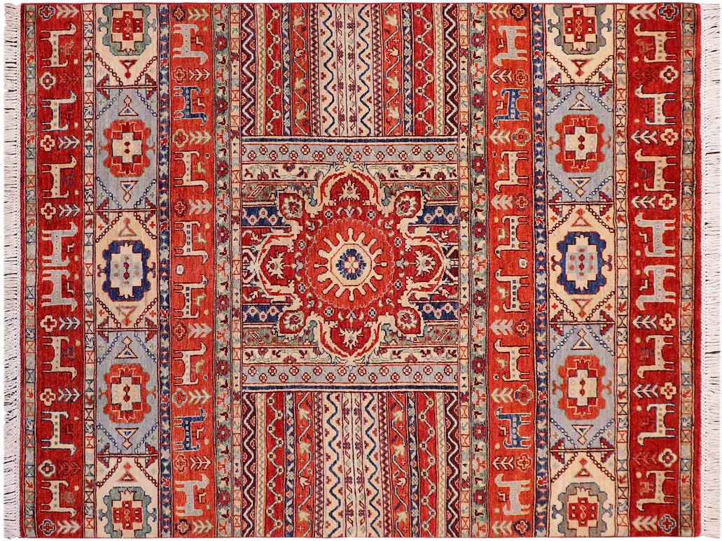 handmade Geometric Khorgeen Red Beige Hand Knotted RECTANGLE 100% WOOL area rug 5x7