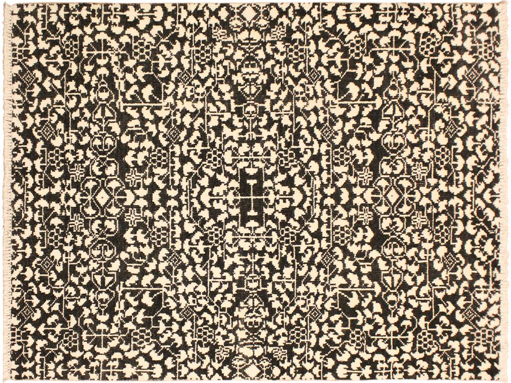 handmade Modern Ellie Black Ivory Hand Knotted RECTANGLE WOOL&SILK area rug 4x6