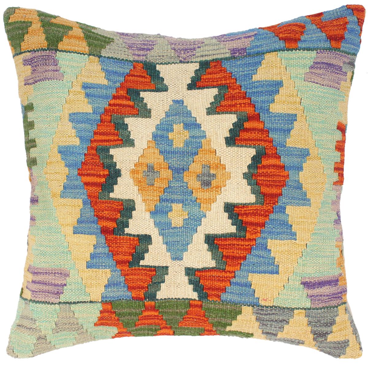 handmade Traditional Pillow Blue Rust Hand-Woven SQUARE 100% WOOL kilim throw pillow