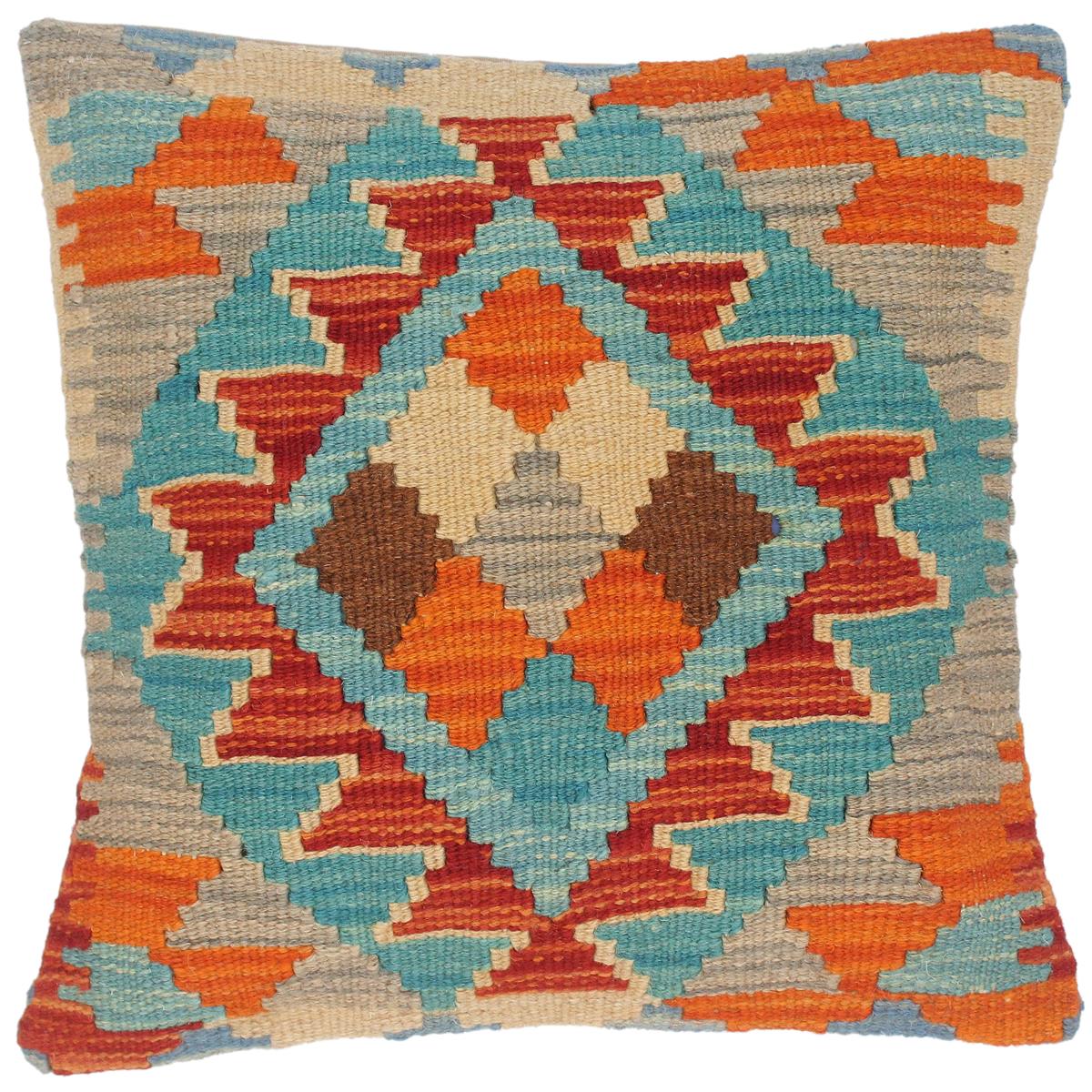 handmade Traditional Pillow Blue Rust Hand-Woven SQUARE 100% WOOL kilim throw pillow