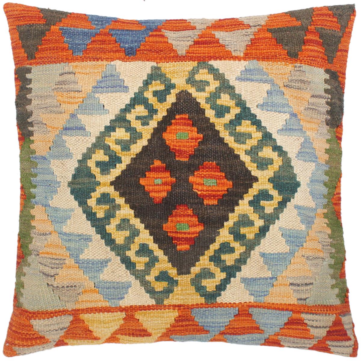 handmade Traditional Pillow Blue Rust Hand-Woven SQUARE 100% WOOL kilim throw pillow