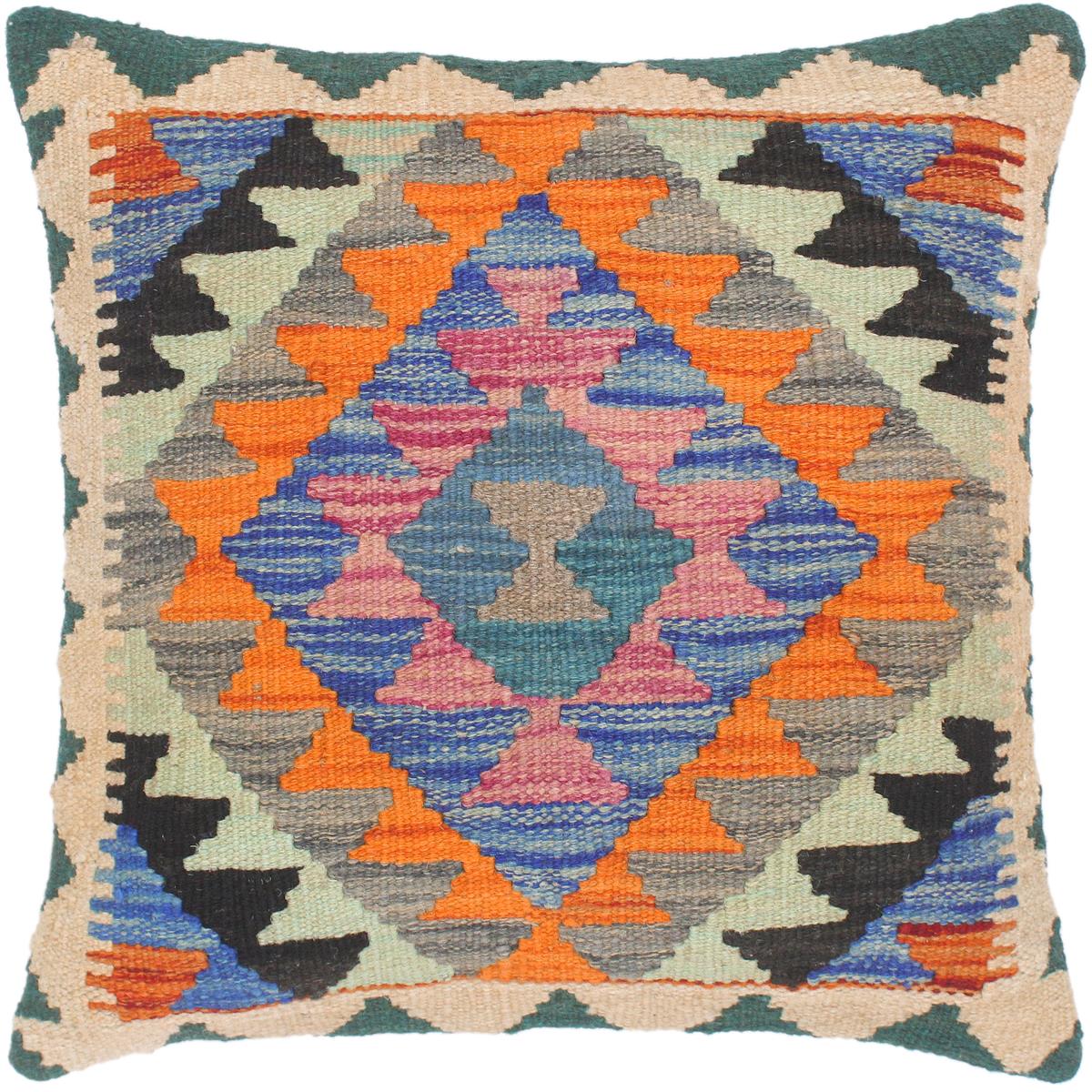 handmade Traditional Pillow Blue Rust Hand-Woven SQUARE 100% WOOL kilim throw pillow