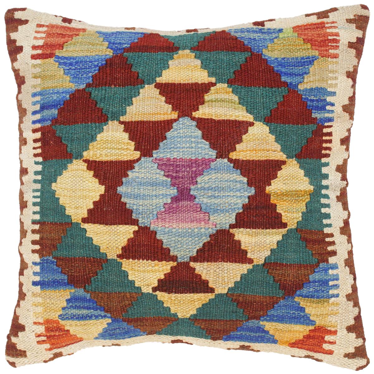 handmade Traditional Pillow Rust Blue Hand-Woven SQUARE 100% WOOL kilim throw pillow
