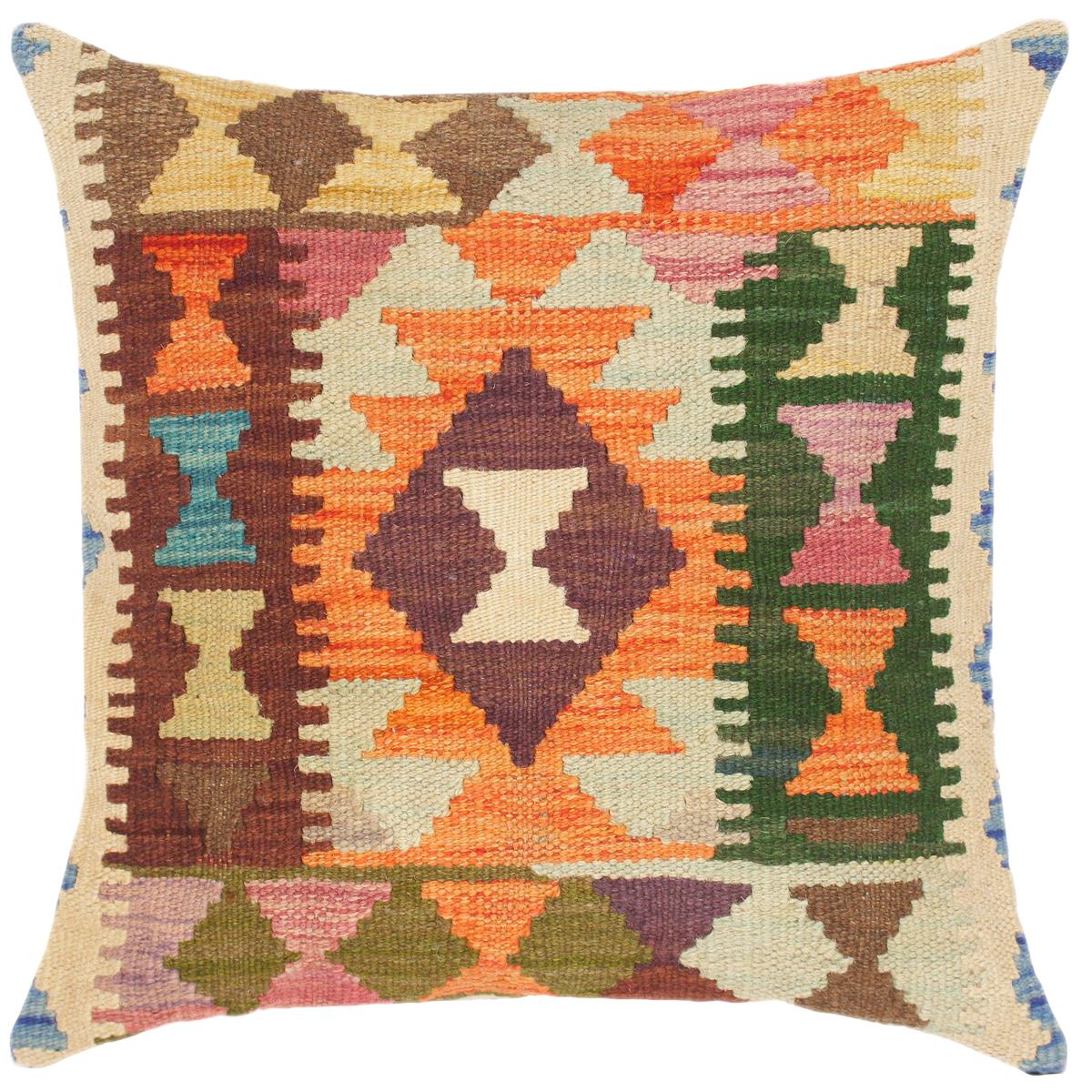 handmade Traditional Pillow Orange Blue Hand-Woven SQUARE 100% WOOL kilim throw pillow