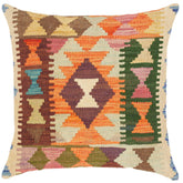 handmade Traditional Pillow Orange Blue Hand-Woven SQUARE 100% WOOL kilim throw pillow