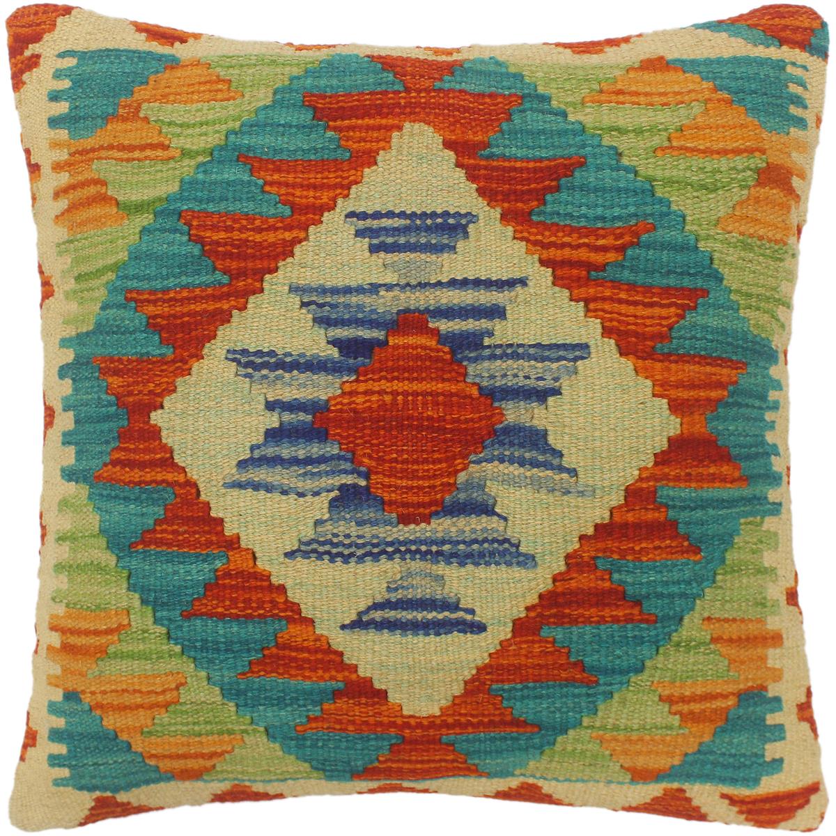 handmade Tribal Turkish Antique Rust Blue Hand-Woven SQUARE 100% WOOL pillow