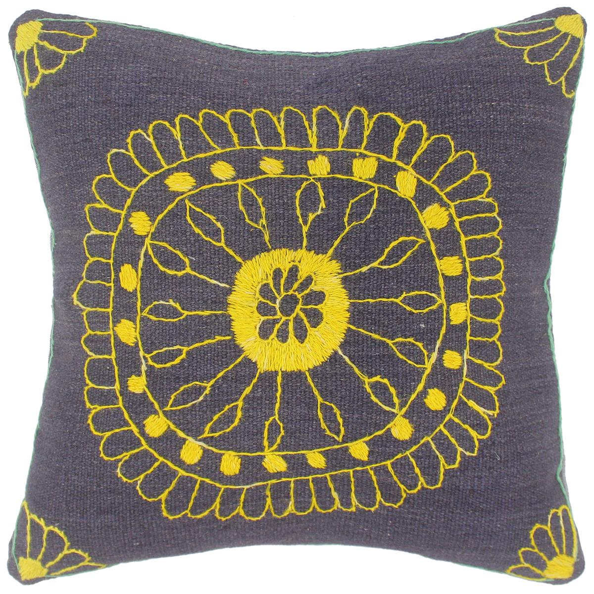 handmade Pillow Blue Yellow Hand-Woven SQUARE 100% Wool Suzani Throw Pillow