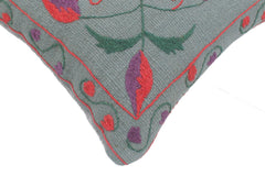 handmade  Pillow Gray Red Hand-Woven SQUARE 100% Wool Suzani Throw Pillow